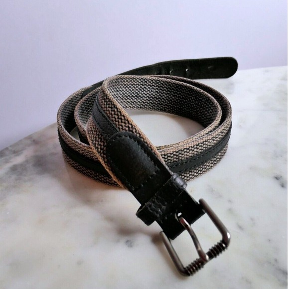 Woven 36" Canvas & Dark Brown Leather Men's Belt Silver Buckle Casual GUC - Picture 1 of 7